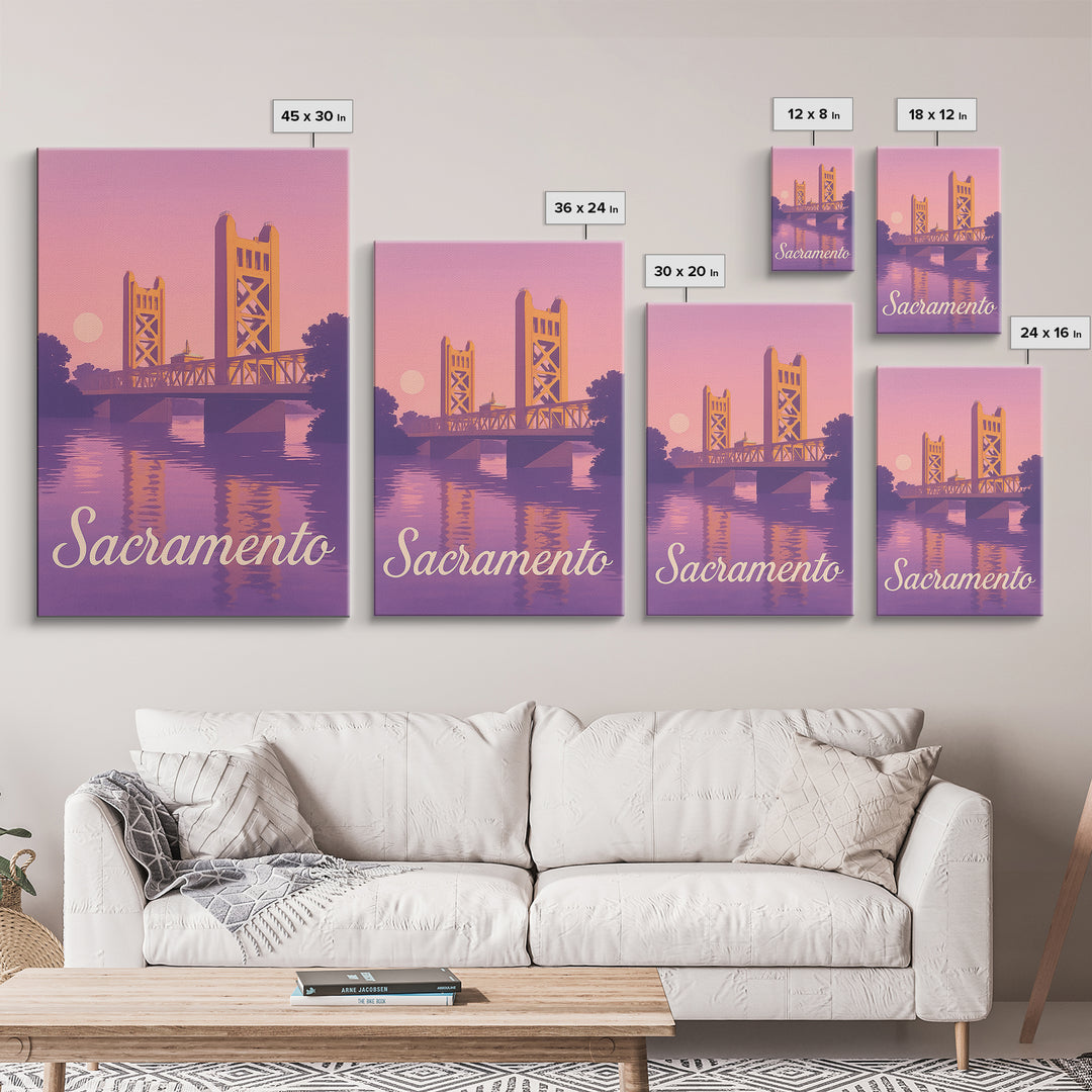 Sacramento Travel Poster, Canvas Print, Retro Sunset Skyline Art, Sacramento Art Print, Mid Century Wall Art, Gift For Travelers