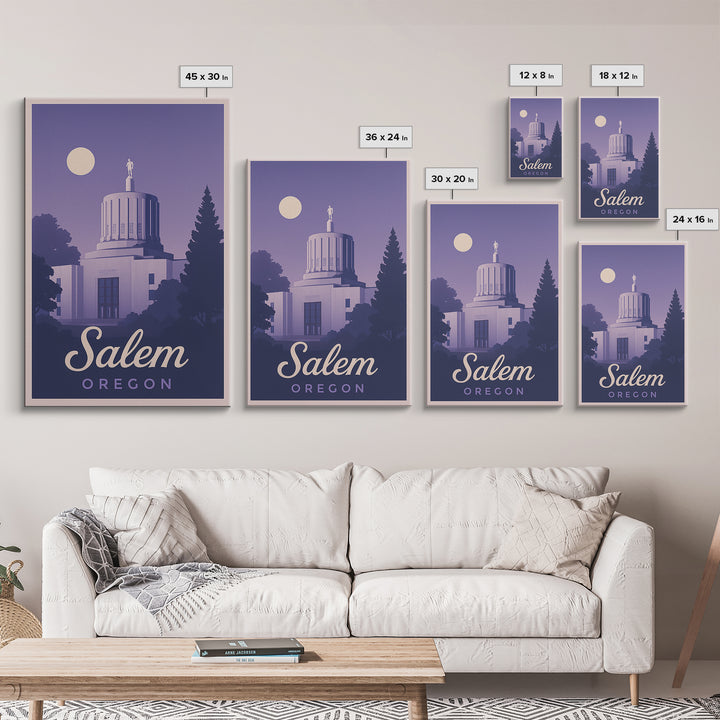 Salem Travel Poster, Canvas Print, Retro Sunset Skyline Art, Salem Art Print, City Illustration, Mid Century Wall Art, Travel Wall Decor