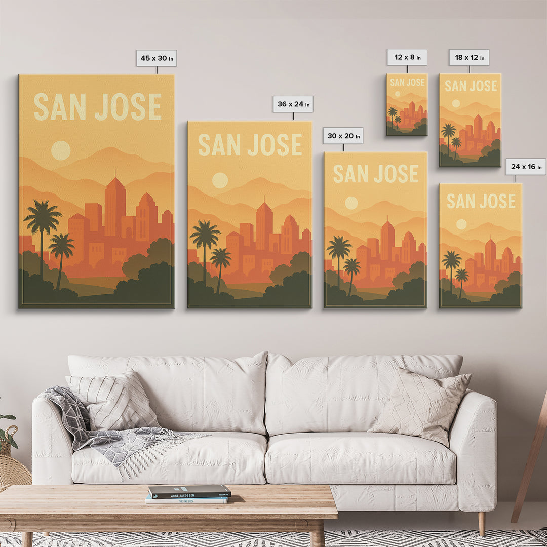 San Jose California Travel Poster, Framed Canvas Print, Retro Sunset Skyline Art, San Jose Poster Print, Fine Art Print, Vintage City Art