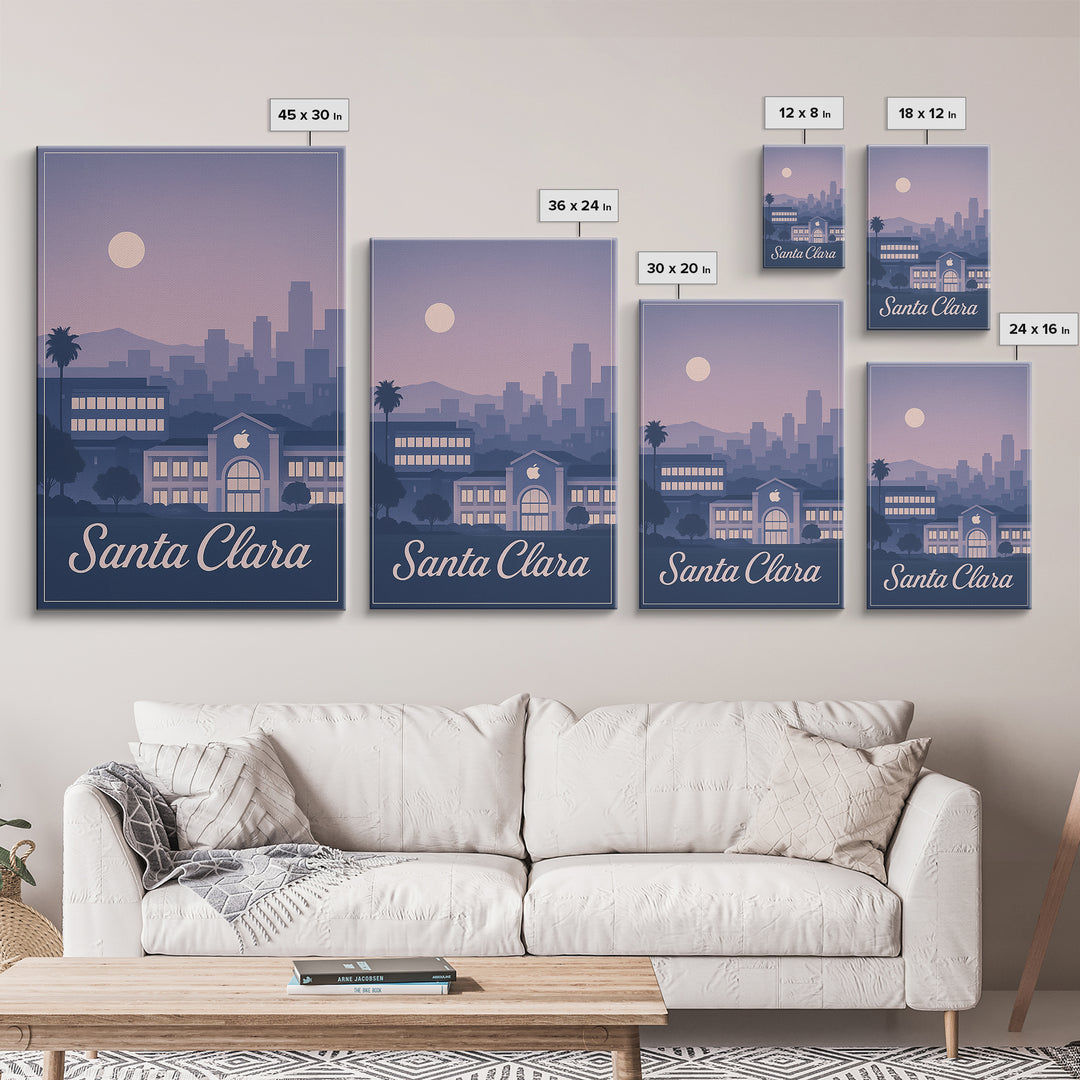 Santa Clara Travel Poster, Framed Canvas Print, Retro Sunset Skyline Art, Santa Clara Wall Art, Living Room Wall Art, Vintage City Art
