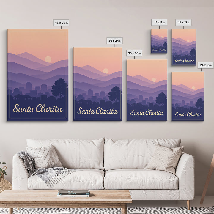 Santa Clarita Travel Poster, Framed Canvas Print, Retro Sunset Skyline Art, Santa Clarita Art Print, Travel Wall Decor, Modern Wall Decor