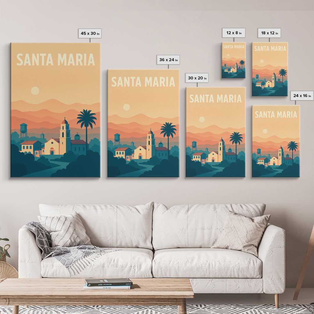 Santa Maria Travel Poster, Canvas Print, Classic Travel Poster Art, Santa Maria Art Print, Travel Poster Set, Watercolor Downtown Skyline