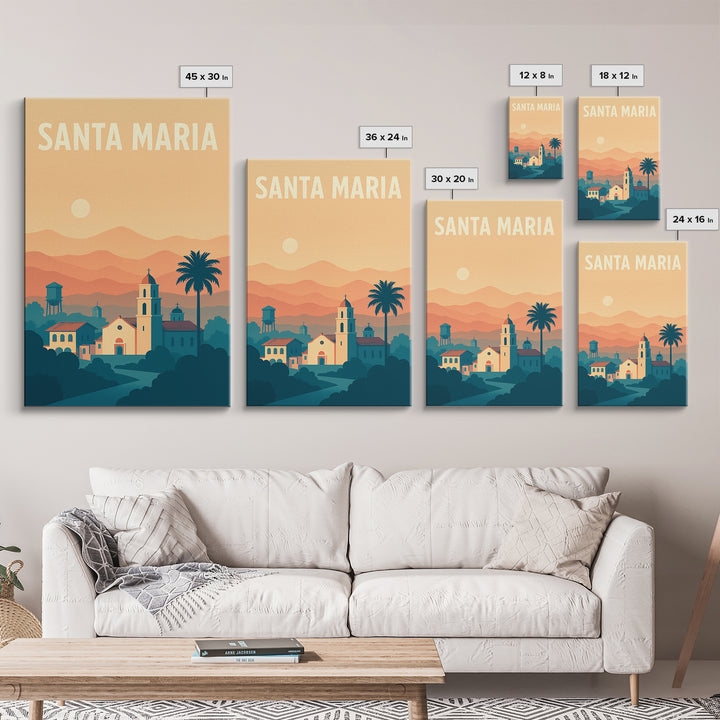Santa Maria Travel Poster, Canvas Print, Classic Travel Poster Art, Santa Maria Art Print, Travel Poster Set, Watercolor Downtown Skyline