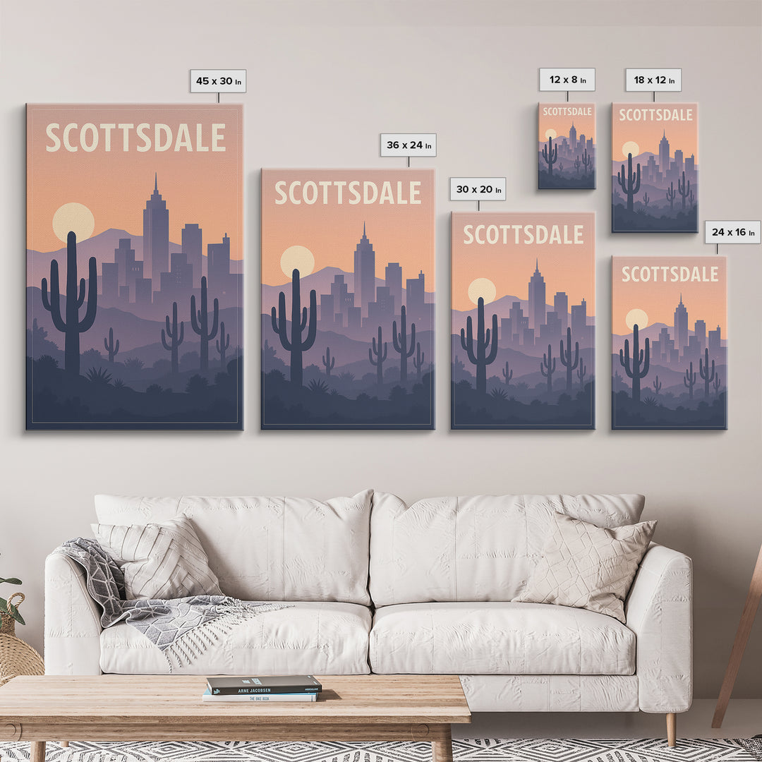 Scottsdale Arizona Travel Poster, Canvas Print, Retro Sunset Skyline Art, Scottsdale Travel Art, Gift For Travelers, Travel Wall Art