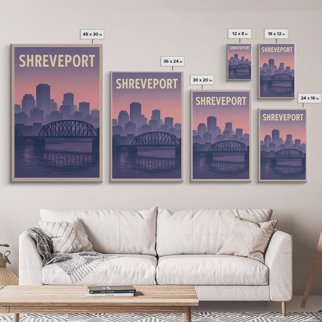 Shreveport Louisiana Travel Poster, Framed Canvas Print, Mid Century City Wall Art, Shreveport Wall Art, City Travel Prints, Fine Art Print