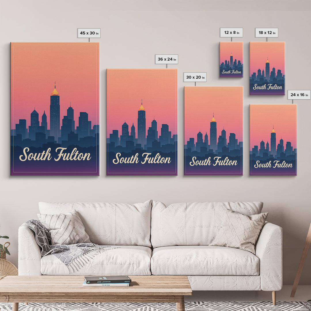 South Fulton Georgia Travel Poster, Canvas Print, Retro Sunset Skyline Art, South Fulton Wall Art, Gift For Travelers, Mid Century Wall Art