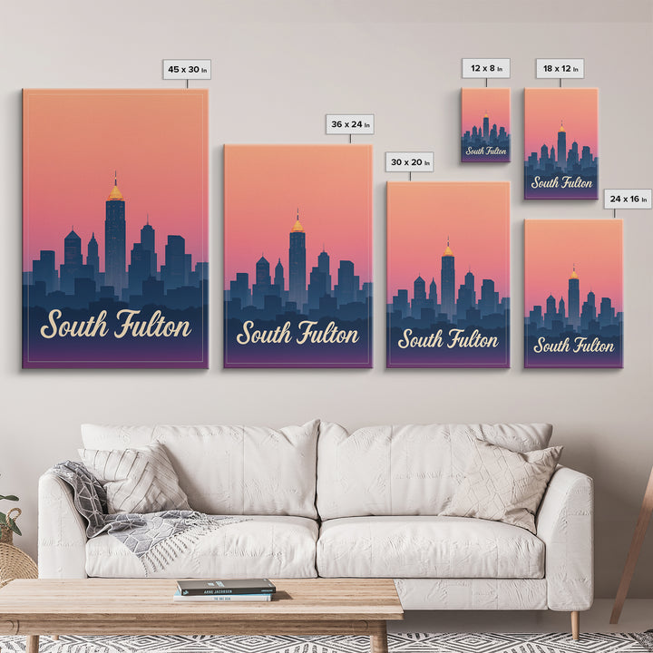 South Fulton Georgia Travel Poster, Canvas Print, Retro Sunset Skyline Art, South Fulton Wall Art, Gift For Travelers, Mid Century Wall Art