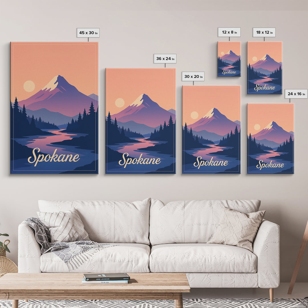 Spokane Washington Travel Poster, Canvas Print, Retro Sunset Skyline Art, Spokane Travel Art, Retro Travel Print, Watercolor Urban Skyline