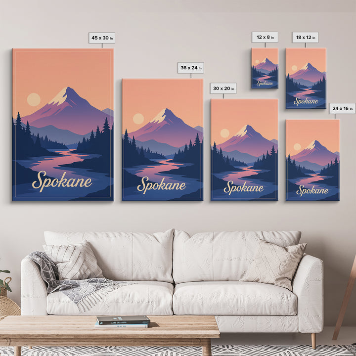 Spokane Washington Travel Poster, Canvas Print, Retro Sunset Skyline Art, Spokane Travel Art, Retro Travel Print, Watercolor Urban Skyline