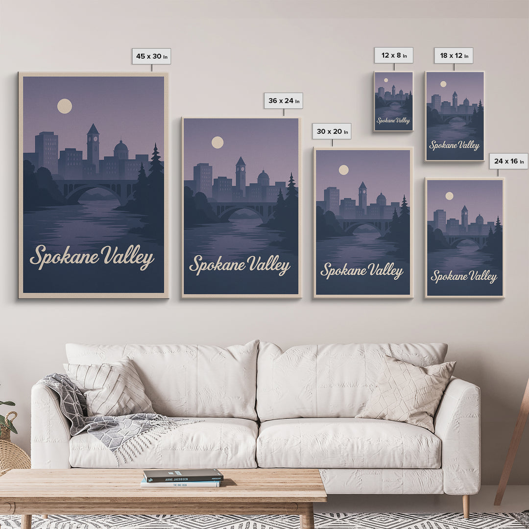 Spokane Valley Travel Poster, Canvas Print, Mid Century City Wall Art, Spokane Valley Art Print, City Art Print, Watercolor Cityscape