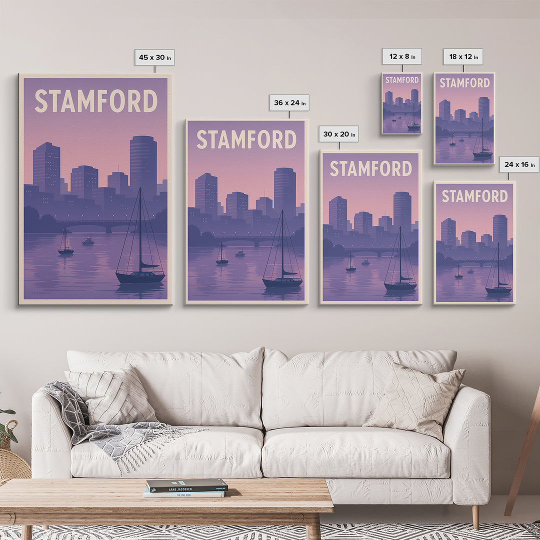 Stamford Travel Poster, Framed Canvas Print, Mid Century City Wall Art, Stamford Travel Art, Travel Poster Art, City Illustration