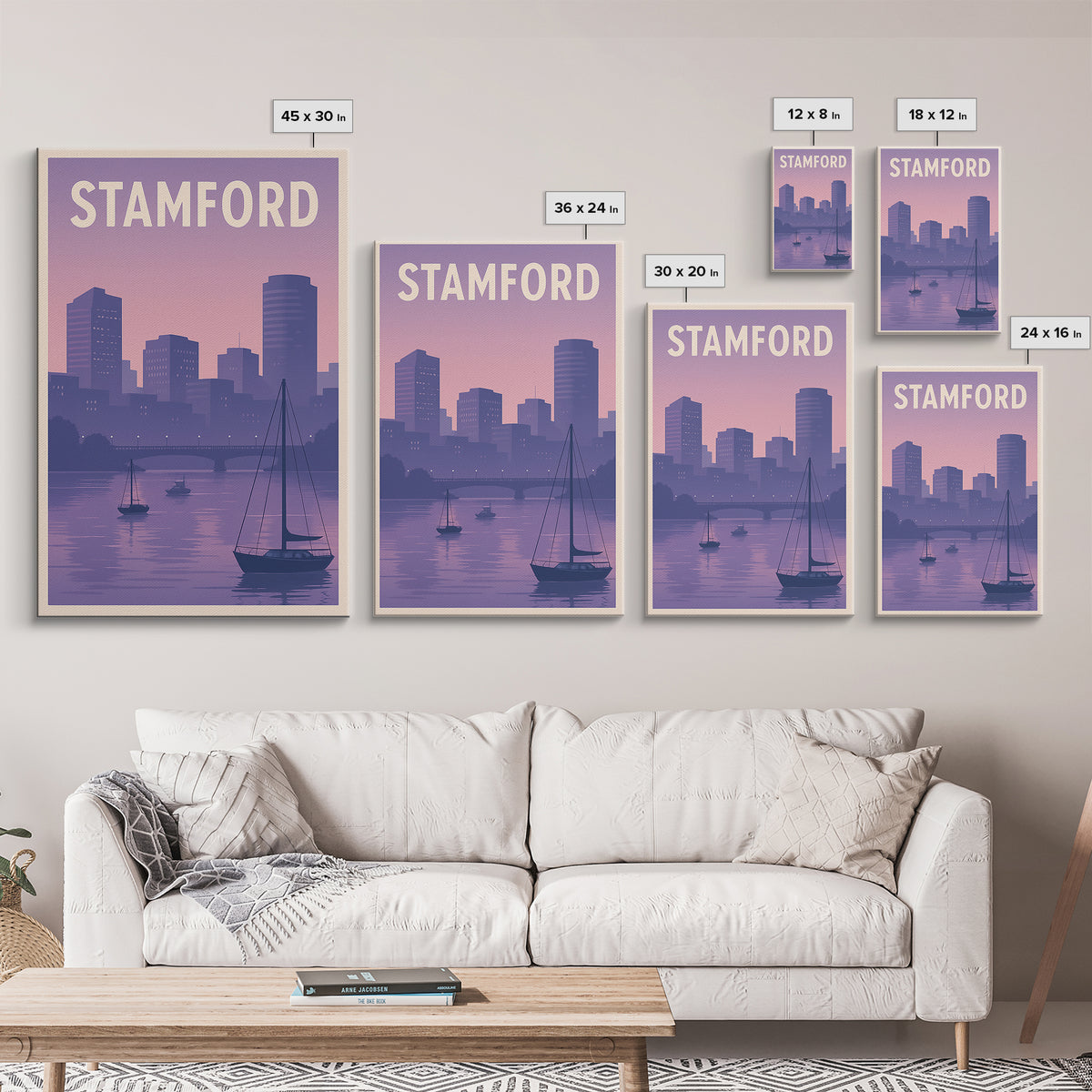 Stamford Travel Poster, Framed Canvas Print, Mid Century City Wall Art, Stamford Travel Art, Travel Poster Art, City Illustration