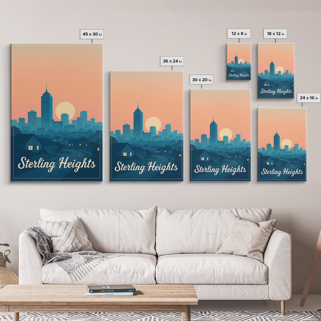 Sterling Heights Michigan Travel Poster, Framed Canvas Print, Retro Sunset Skyline Art, Sterling Heights Wall Art, City Travel Prints