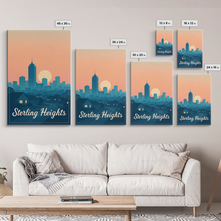 Sterling Heights Michigan Travel Poster, Framed Canvas Print, Retro Sunset Skyline Art, Sterling Heights Wall Art, City Travel Prints