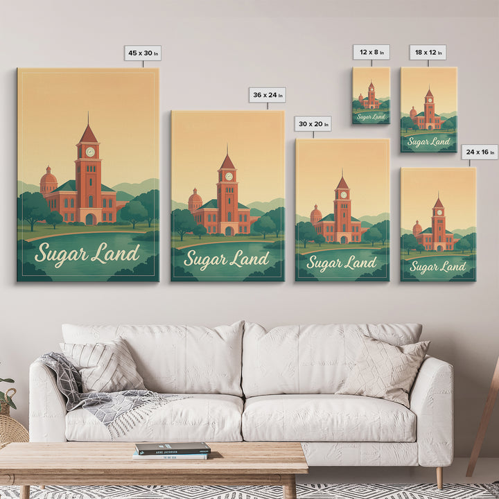 Sugar Land Texas Travel Poster, Framed Canvas Print, Mid Century City Wall Art, Sugar Land Travel Art, Travel Poster Art, Gift For Travelers