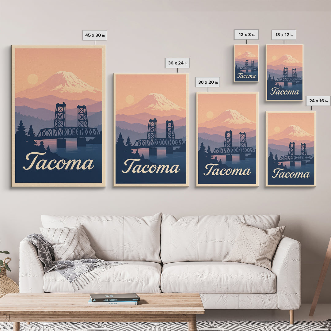 Tacoma Washington Travel Poster, Framed Canvas Print, Retro Sunset Skyline Art, Tacoma Poster Print, Eclectic Wall Decor, City Travel Prints