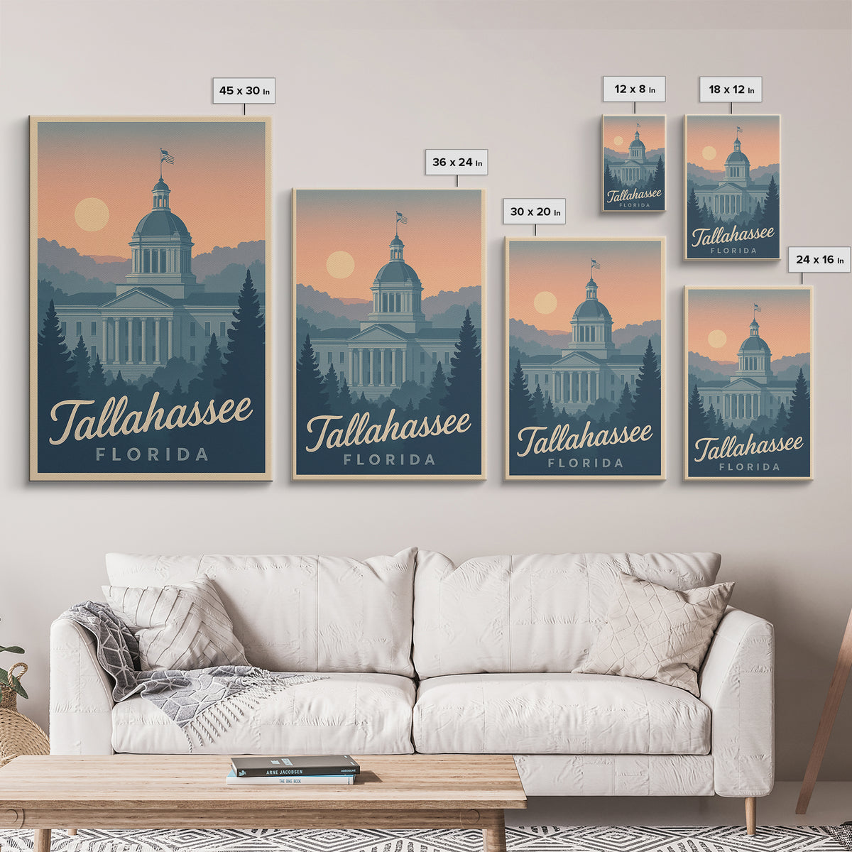 Tallahassee Travel Poster, Canvas Print, Retro Sunset Skyline Art, Tallahassee Wall Art, Travel Poster Set, Vintage City Poster