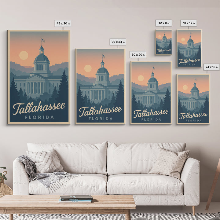 Tallahassee Travel Poster, Canvas Print, Retro Sunset Skyline Art, Tallahassee Wall Art, Travel Poster Set, Vintage City Poster