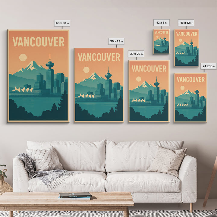 Vancouver Travel Poster, Canvas Print, Retro Sunset Skyline Art, Vancouver Wall Art, City Art Print, Vintage City Art, Fine Art Print
