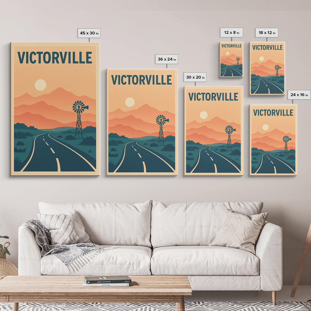 Victorville Travel Poster, Framed Canvas Print, Retro Sunset Skyline Art, Victorville Wall Art, City Art Print, Travel Poster Art