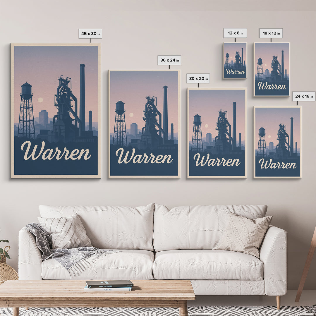 Warren Travel Poster, Framed Canvas Print, Retro Sunset Skyline Art, Warren City Art, Mid Century Wall Art, Modern Wall Decor, Design 2