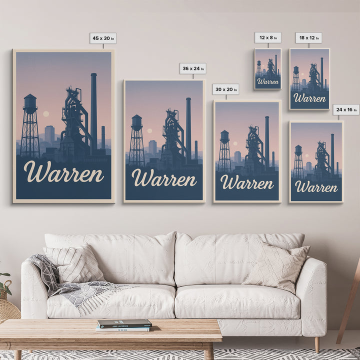 Warren Travel Poster, Framed Canvas Print, Retro Sunset Skyline Art, Warren City Art, Mid Century Wall Art, Modern Wall Decor, Design 2