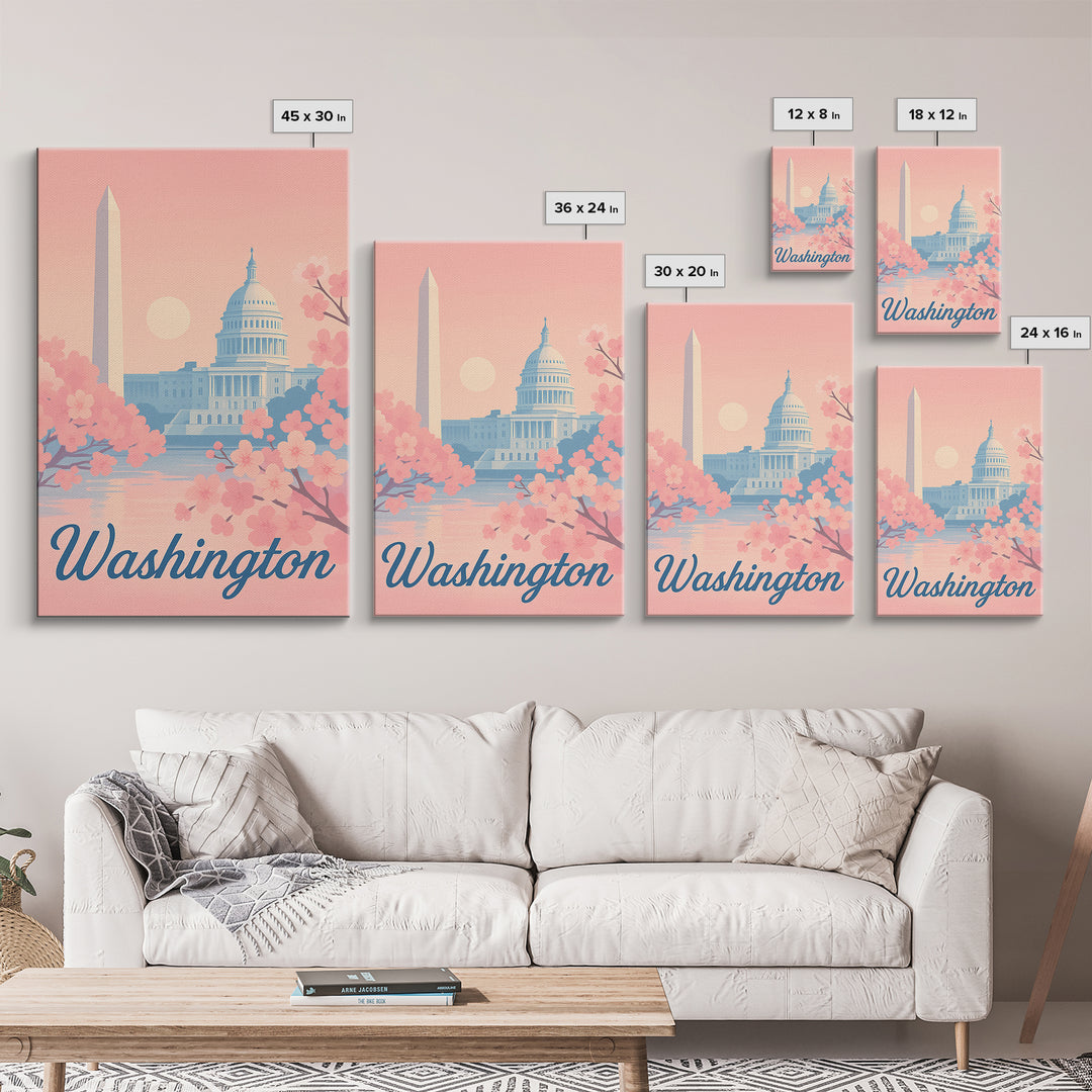 Washington Travel Poster, Framed Canvas Print, Retro Sunset Skyline Art, Washington Poster Print, Vintage City Poster, City Art Print