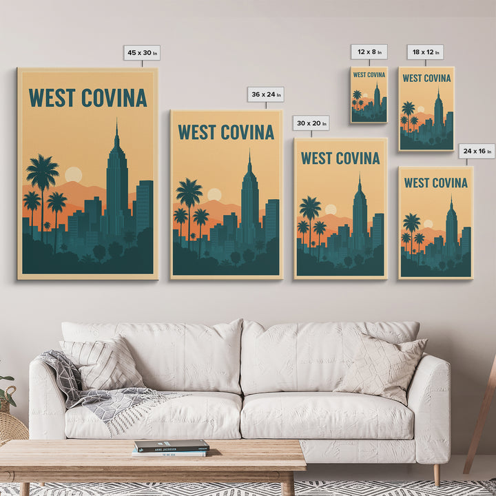 West Covina Travel Poster, Framed Canvas Print, Retro Sunset Skyline Art, West Covina Poster Print, Eclectic Wall Decor, Home Office Decor