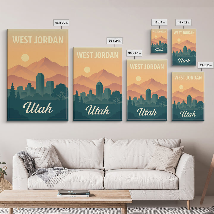 West Jordan Travel Poster, Framed Canvas Print, Retro Sunset Skyline Art, West Jordan Travel Art, City Illustration, Modern Wall Decor