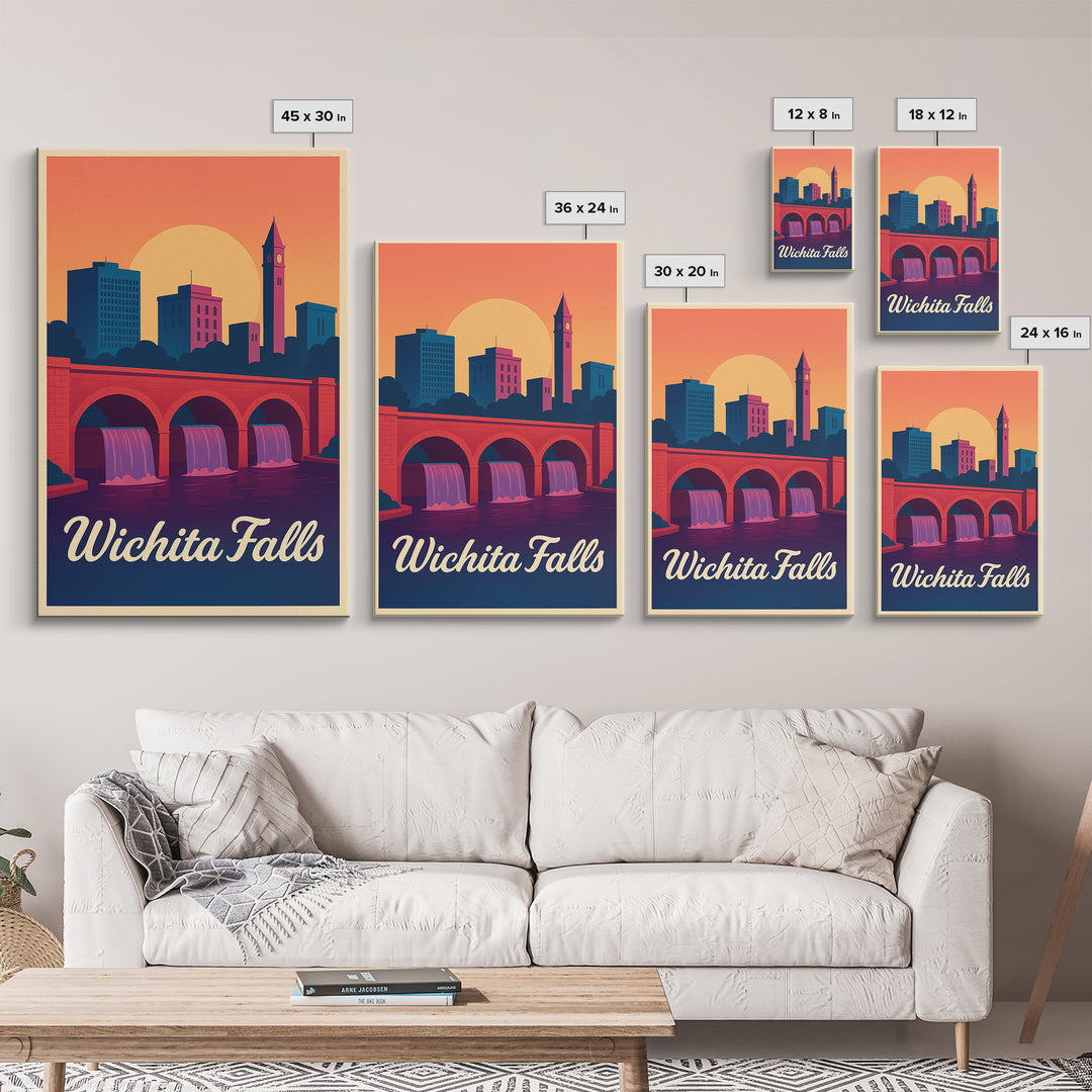 Wichita Falls Texas Travel Poster, Canvas Print, Retro Sunset Skyline Art, Wichita Falls City Art, City Art Print, Travel Poster Art