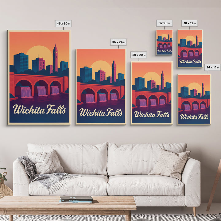 Wichita Falls Texas Travel Poster, Canvas Print, Retro Sunset Skyline Art, Wichita Falls City Art, City Art Print, Travel Poster Art