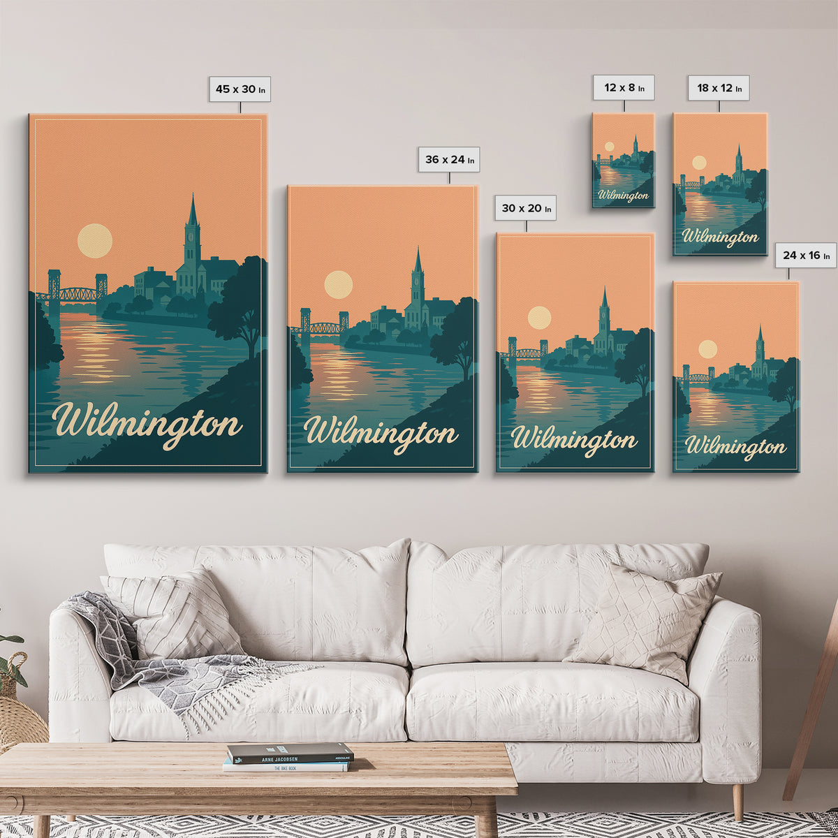 Wilmington North Carolina Travel Poster, Canvas Print, Mid Century City Wall Art, Wilmington Art Print, Wall Art, Watercolor Skyline Art