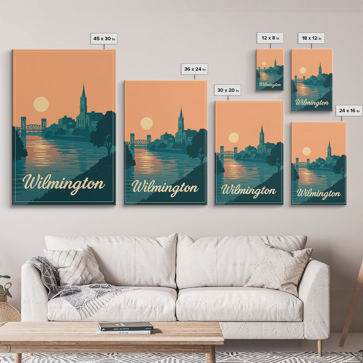Wilmington North Carolina Travel Poster, Canvas Print, Mid Century City Wall Art, Wilmington Art Print, Wall Art, Watercolor Skyline Art