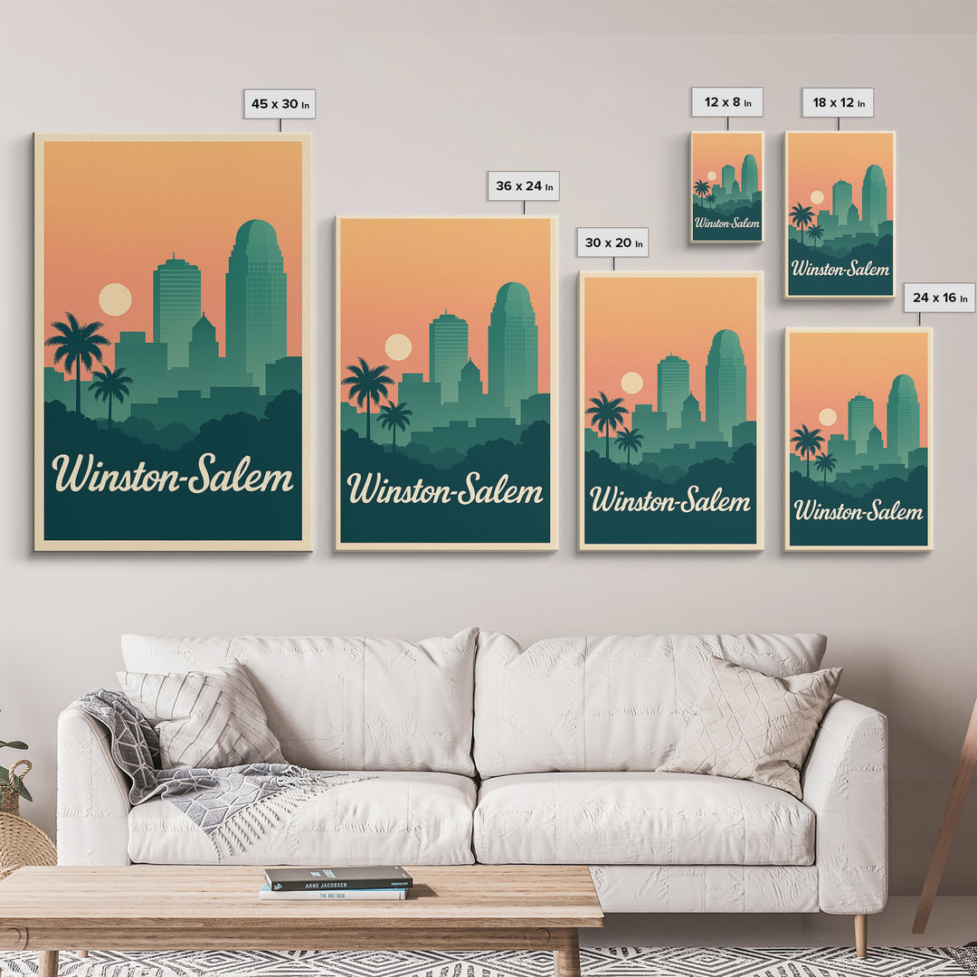 Winston Salem North Carolina Travel Poster, Canvas Print, Sunset Skyline Art, Winston Salem Wall Art, Art Print, Watercolor Skyline Art