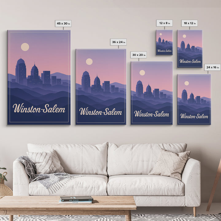 Winston Salem Travel Poster, Framed Canvas Print, Retro Sunset Skyline Art, Winston Salem Poster Print, Retro Travel Print, Fine Art Print