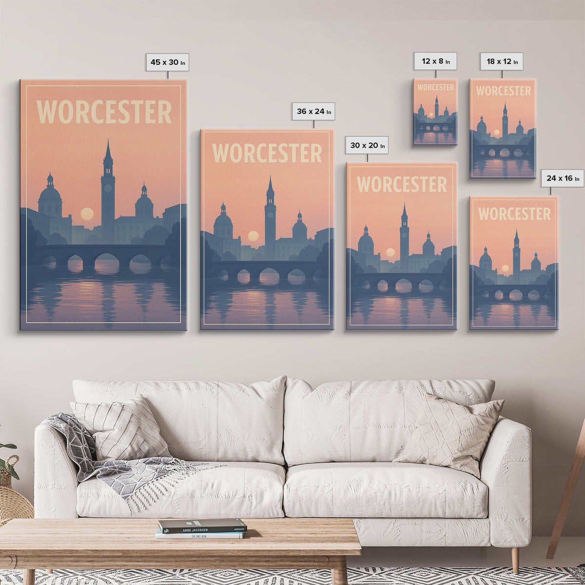 Worcester Massachusetts Travel Poster, Canvas Print, Sunset Skyline Art, Worcester Travel Art, Travel Poster Set, Watercolor City Skyline