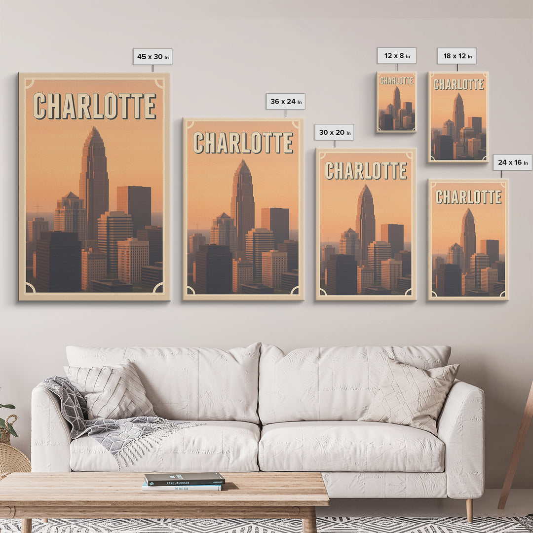 Charlotte Travel Poster, Framed Canvas Print, Vintage Theatre Style Art, Charlotte Poster Print, Gift For Travelers, Travel Poster Set