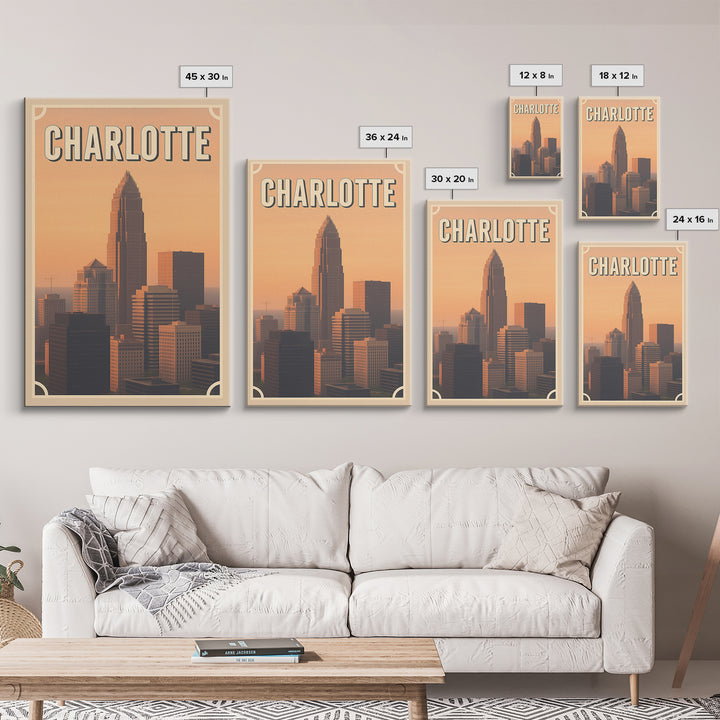 Charlotte Travel Poster, Framed Canvas Print, Vintage Theatre Style Art, Charlotte Poster Print, Gift For Travelers, Travel Poster Set