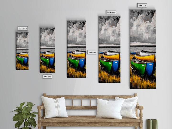 Abstract Canoe Painting Canvas Print Nautical Decor Rustic Wall Art Coastal Landscape Art Blue and Green Wall Art Tall Skinny Art