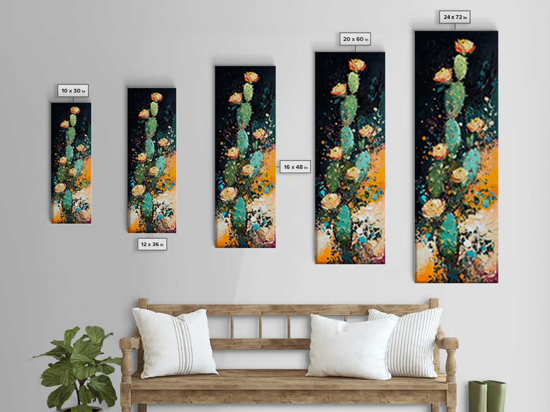 Desert Cactus Bloom Framed Canvas Print Southwest Wall Art Tall Narrow Art Rustic Decor Wildflower Painting