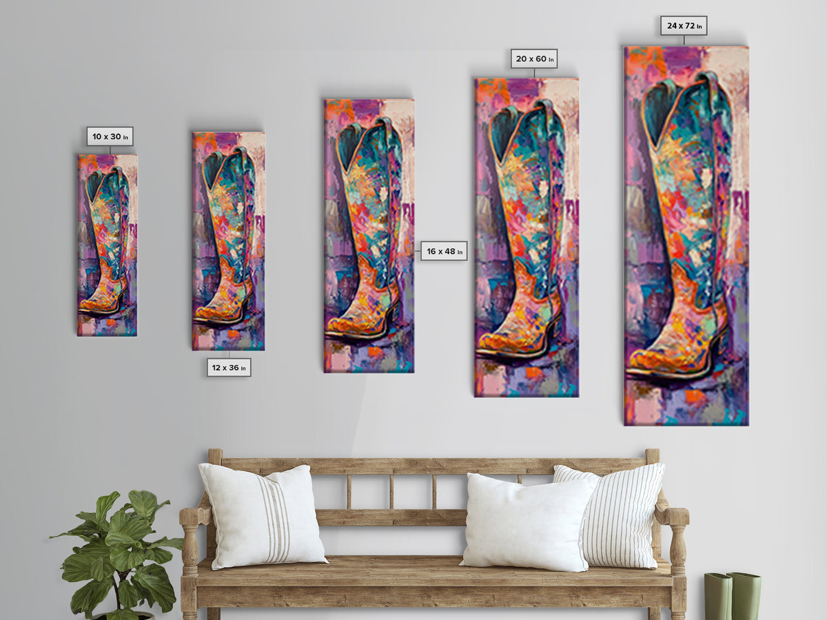 Colorful Cowboy Boot Oil Painting Framed Canvas Print, Whimsical Art, Rustic Wall Art, Extra Wide Art, Southwest Wall Art