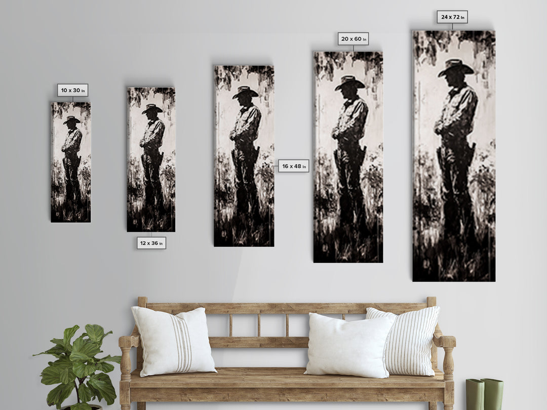 Black and White Cowboy Art Framed Canvas Print, Rustic Wall Art, Moody Art, Southwest Wall Art, Vintage Horse Art, Tall Narrow Art