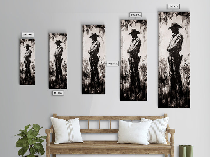 Black and White Cowboy Art Framed Canvas Print, Rustic Wall Art, Moody Art, Southwest Wall Art, Vintage Horse Art, Tall Narrow Art