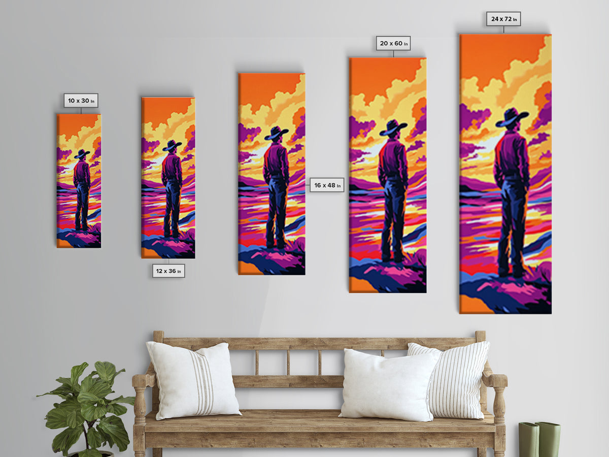 Colorful Sunset Cowboy Art Framed Canvas Print, Southwest Wall Art, Moody Art, Whimsical Art, Pink Orange Wall Art, Tall Narrow Art