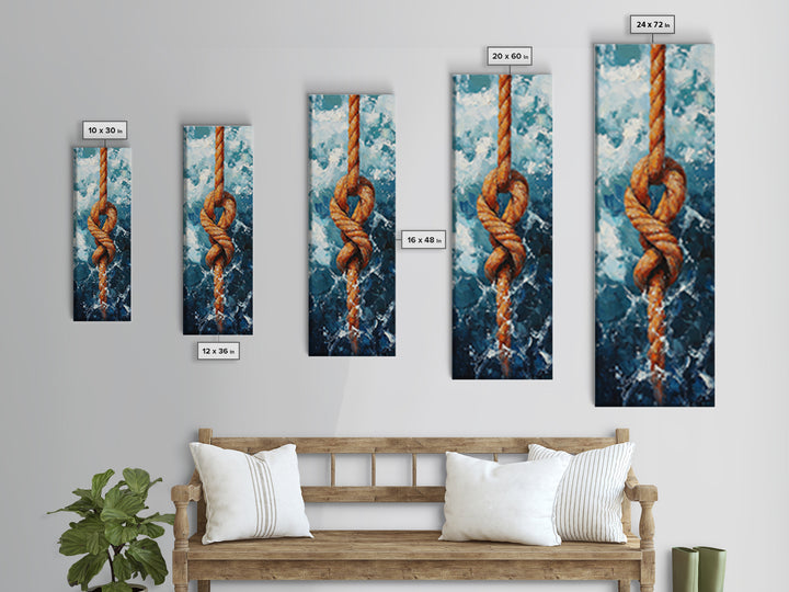 Nautical Rope Knot Painting Framed Canvas Print, Coastal Wall Art, Nautical Decor, Maritime Wall Art, Surf Wall Art, Ocean Art, Extra Wide Art, Rustic Wall Art, Moody Art, Above Couch Art, Gift Idea, Original Painting, Panoramic Art