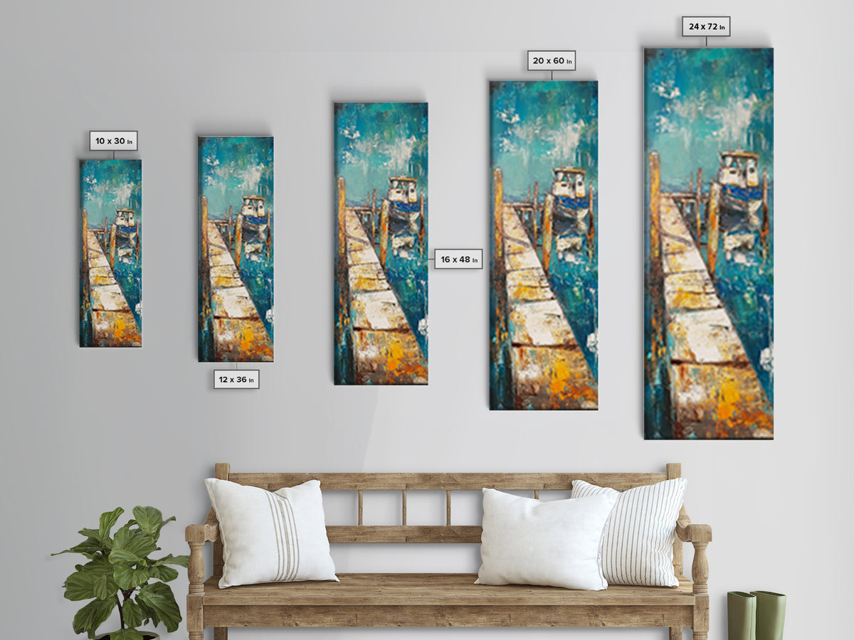 Coastal Dock Painting Canvas Print, Nautical Wall Art, Painting Morro Bay, Coastal Decor, Seascape Painting, Ocean Art, Rustic Art, Extra Wide Art, Farmhouse Art, Nautical Painting, Blue And Green Wall Art, Gift Idea, Bedroom Art