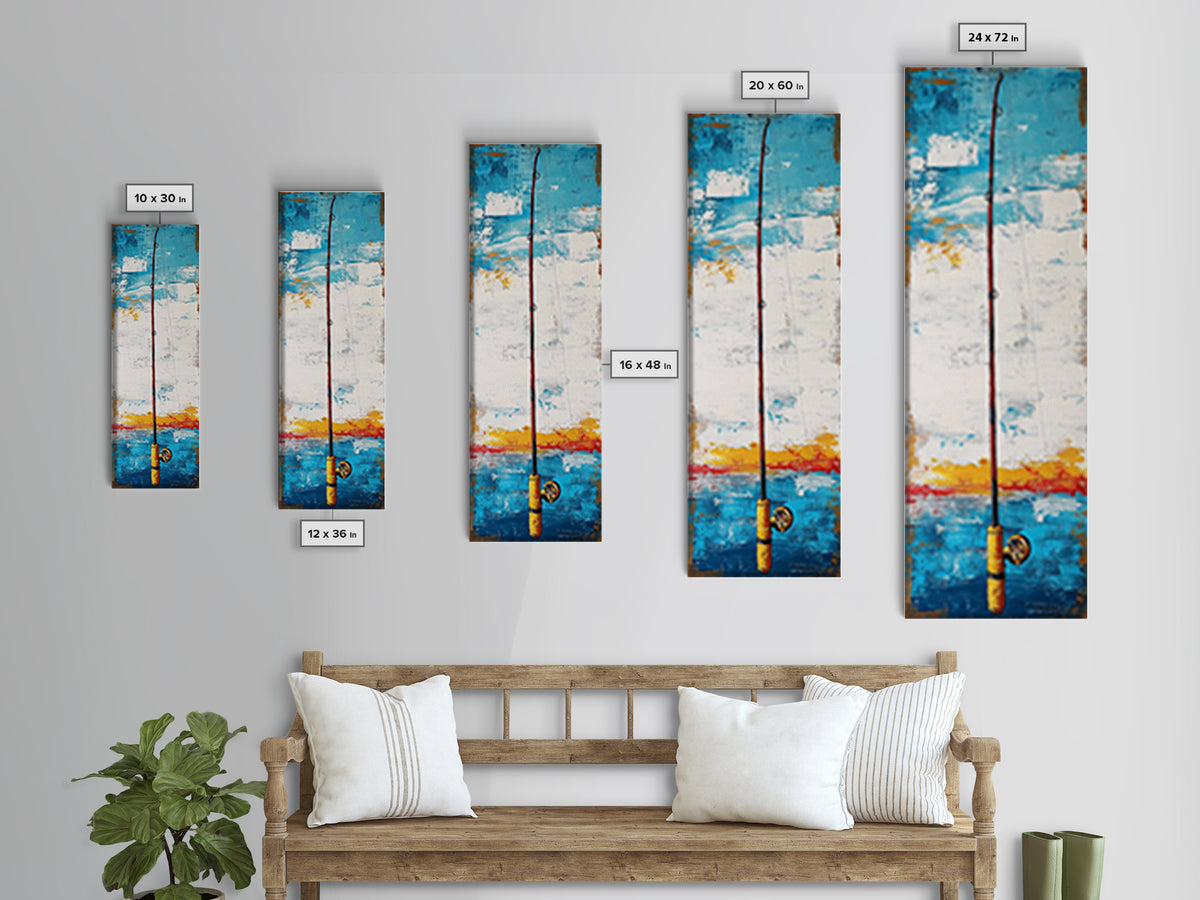 Fishing Rod Painting Canvas Print, Fly Fishing Art, Nautical Wall Art, Rustic Decor, Tall Narrow Art, Coastal Landscape Art, Above Couch Art, Fishing Wall Art, Nautical Decor, Farmhouse Art, Skinny Wall Art, Living Room Art, Gift Idea