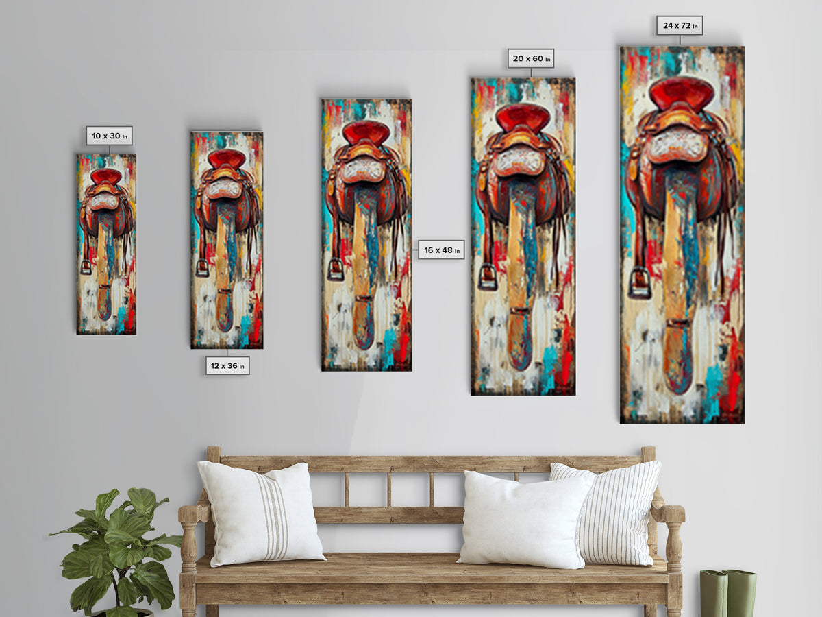 Rustic Saddle Painting Canvas Print Farmhouse Wall Art Moody Art Rustic Decor Southwest Wall Art Tall Narrow Art