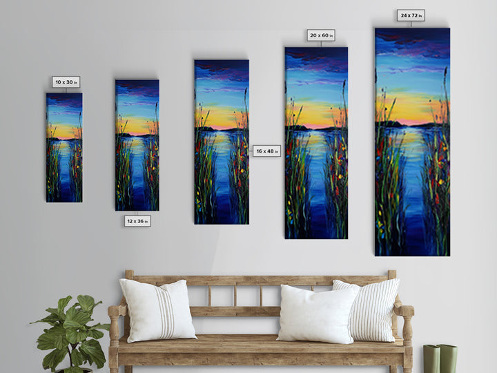Vibrant Lake Reflection Framed Canvas Print lake Tahoe art landscape painting sunset over water coastal decor extra wide wall art