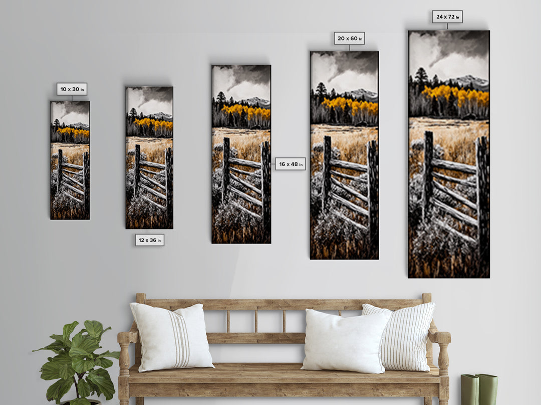 Rustic Mountain Fence Framed Canvas Print, Birch Tree Art, Fall Landscape Painting, Moody Art, Farmhouse Art, Above Sofa Art